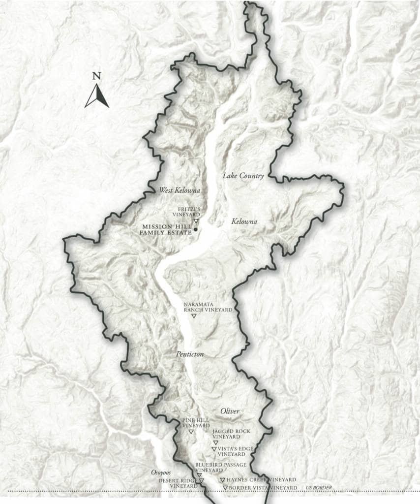Regional map of the Kelowna area with a bold border and labeled towns (West Kelowna, Lake Country, Kelowna, Penticton) and vineyard locations nearby